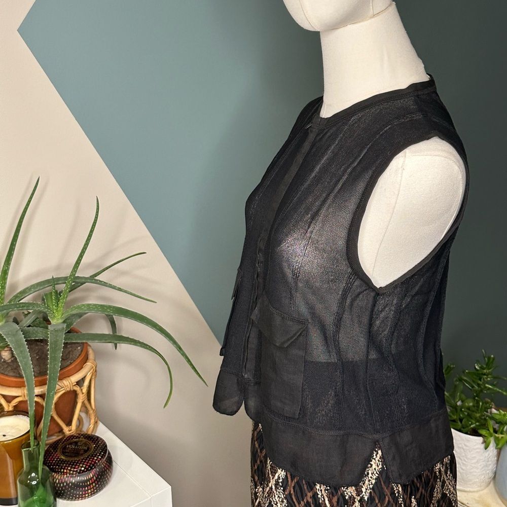 Black Sheer Utility Vest Layering Piece Linen Zip-Up Sleeveless Top Size Small - Picture 4 of 12